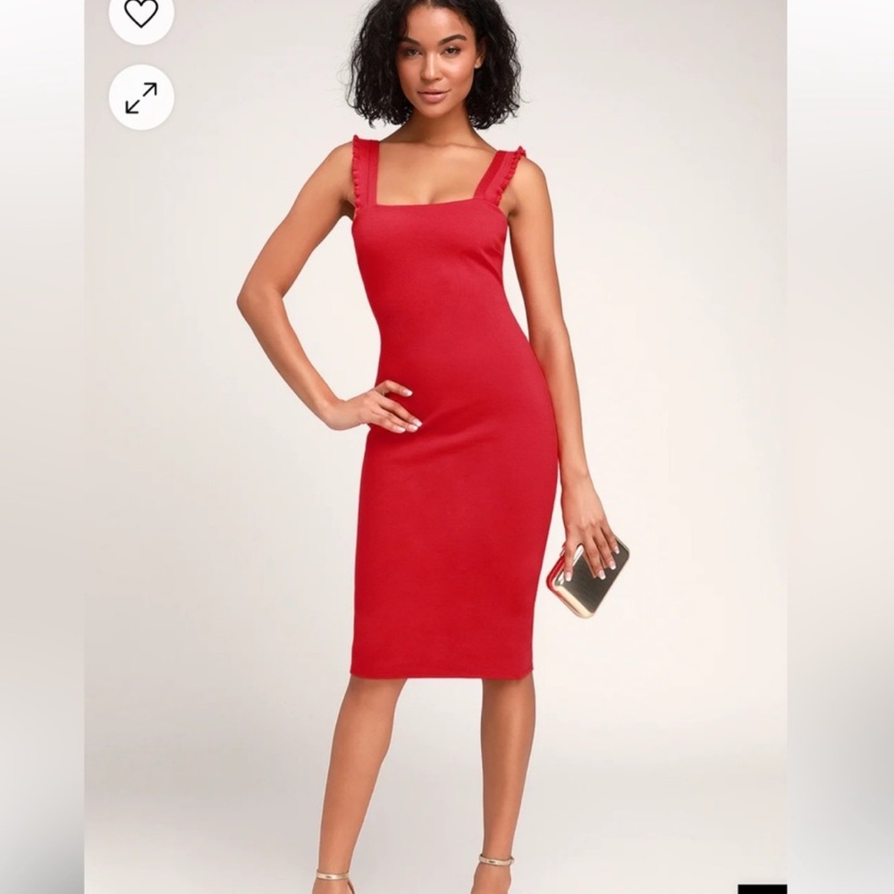 Lulu’s Persuasian Red Bodycon Midi Dress With Ruffles & Slit Girly Sexy NWT XS